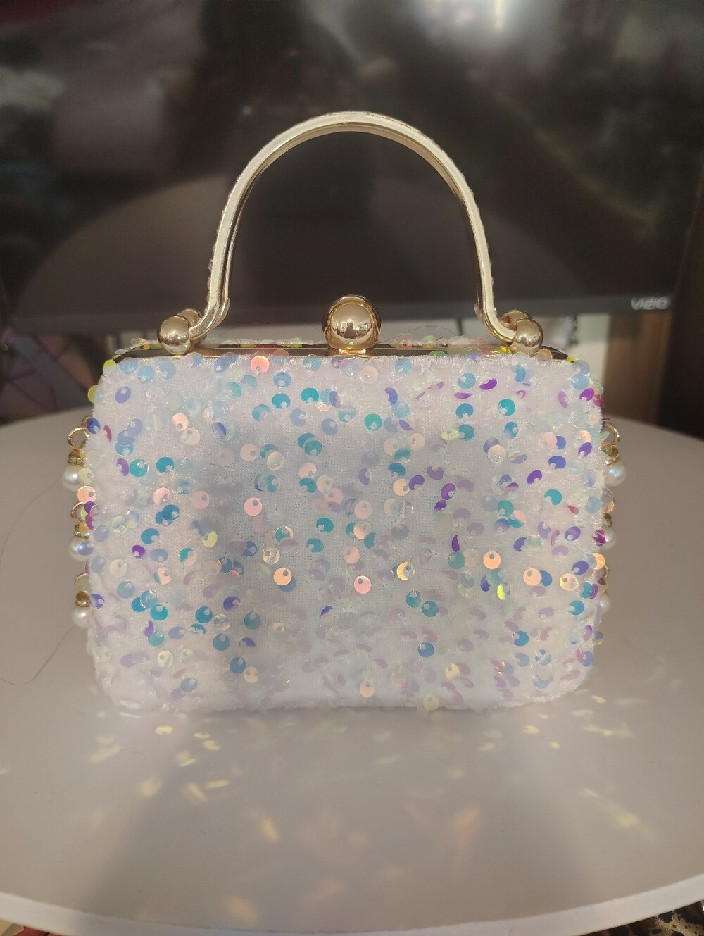 Sequin Pearl Accent White Evening Handbag